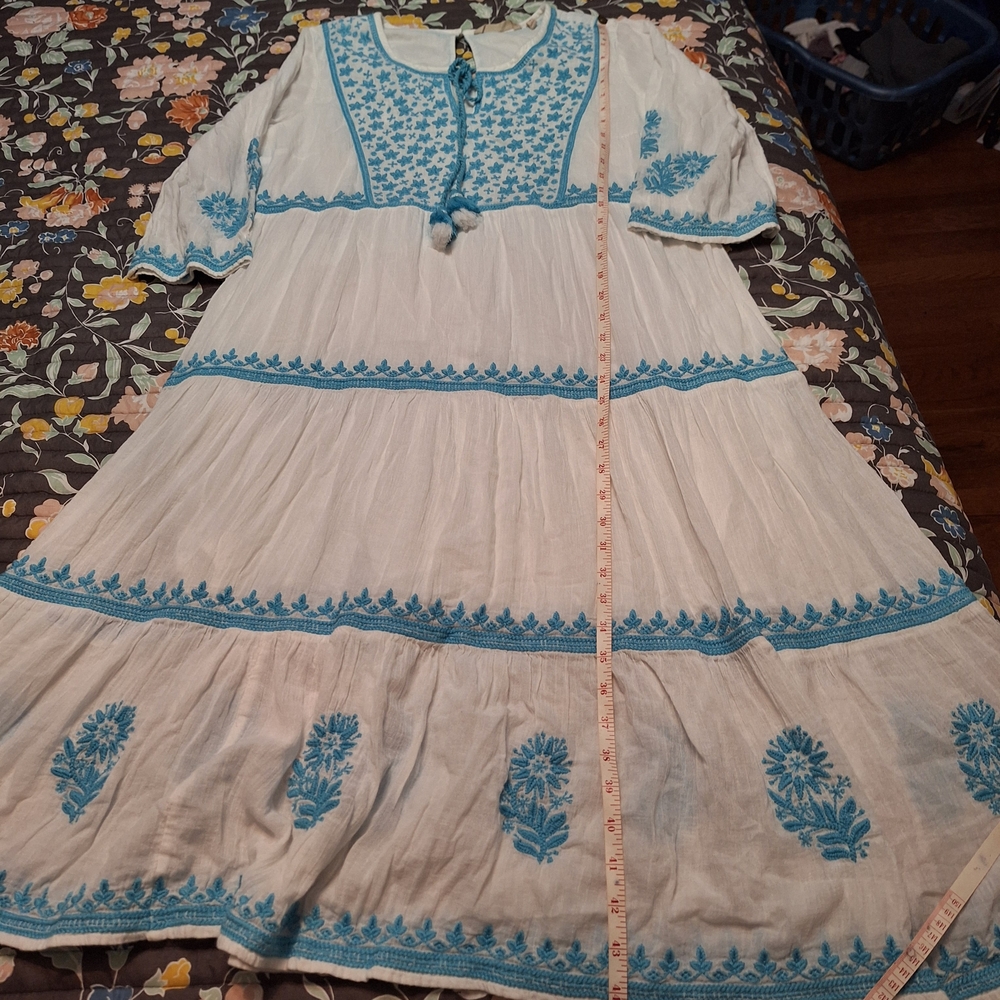 Soft Surroundings 100% Cotton White and Blue Embroidered Midi Juniper Dress - Picture 6 of 13